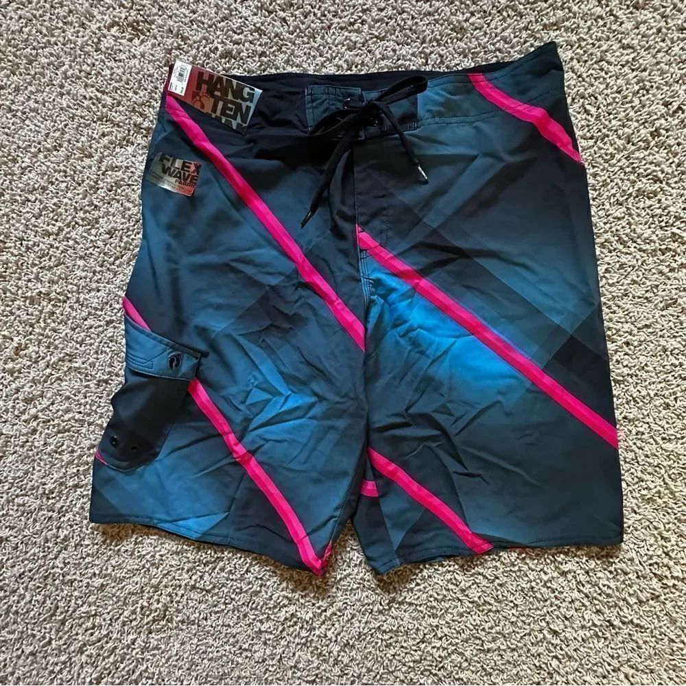 NWT Hang Ten Board Shorts Mens 34 Red Blue and Black Striped Surf Swim Trunks